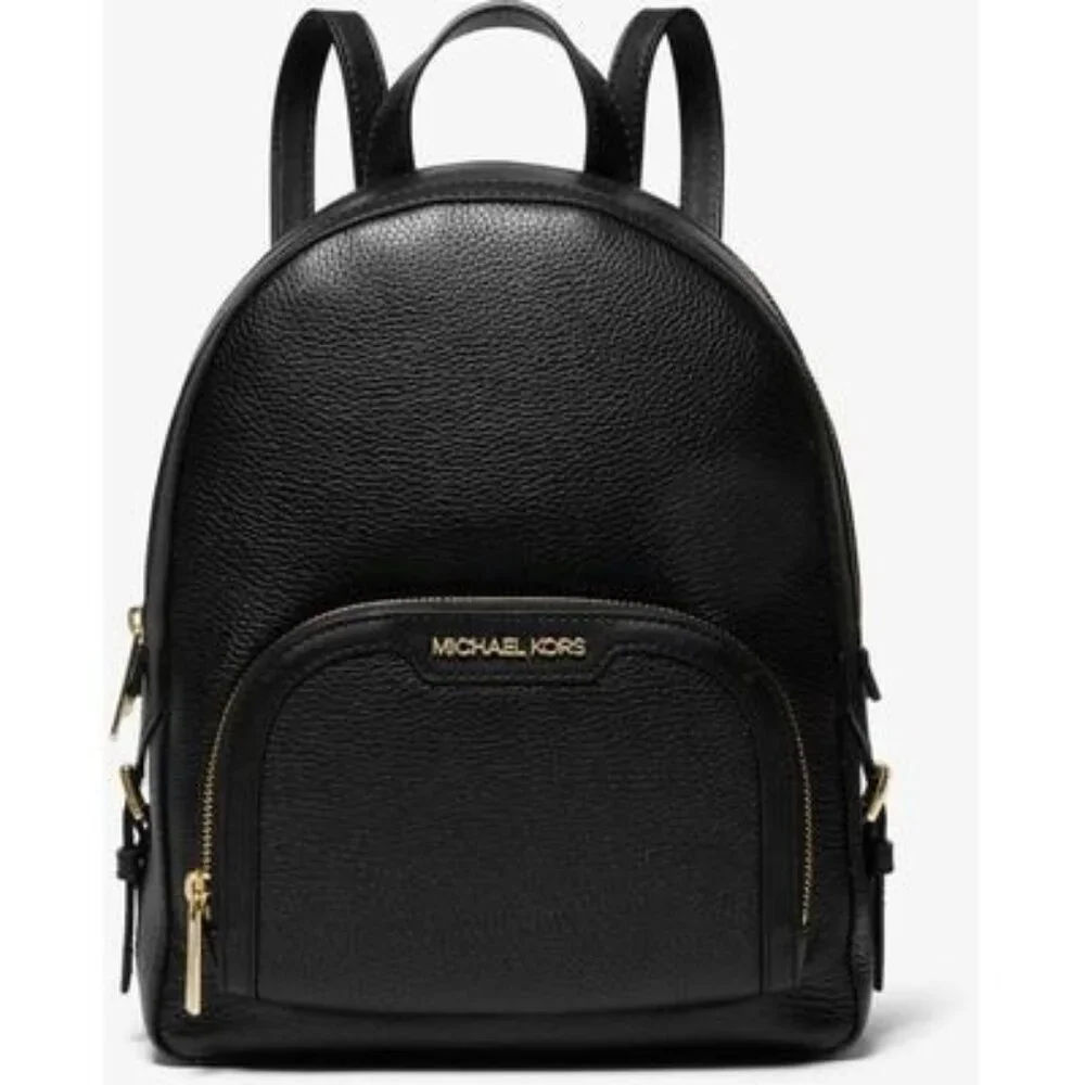 Michael Kors Jaycee Medium Black Pebbled 100% Leather Zip Pocket Backpack NWT